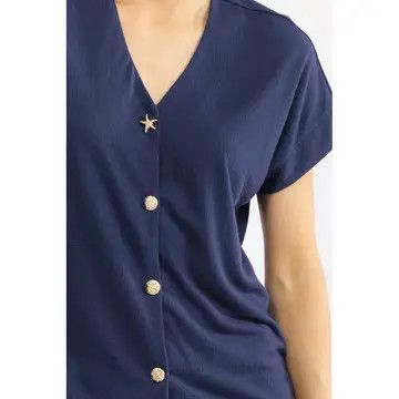 Navy Summer V Neck Button Front Blouse