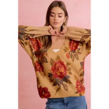 Vintage Rose Floral V Neck Relaxed Knit Sweater