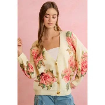 Vintage Rose Floral Button-Front Knit Cardigan