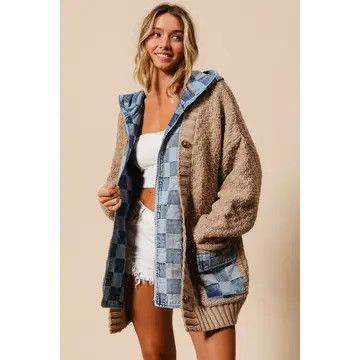 Washed Checker Denim Zip Up Sweater Cardigan