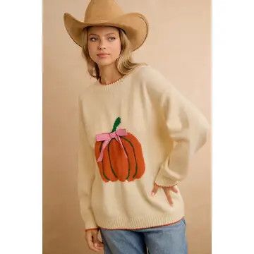 Pumpkin Graphic w/ Bow Sweater Top