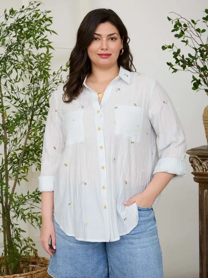 Stripe Floral Embroidery Long Sleeve Top