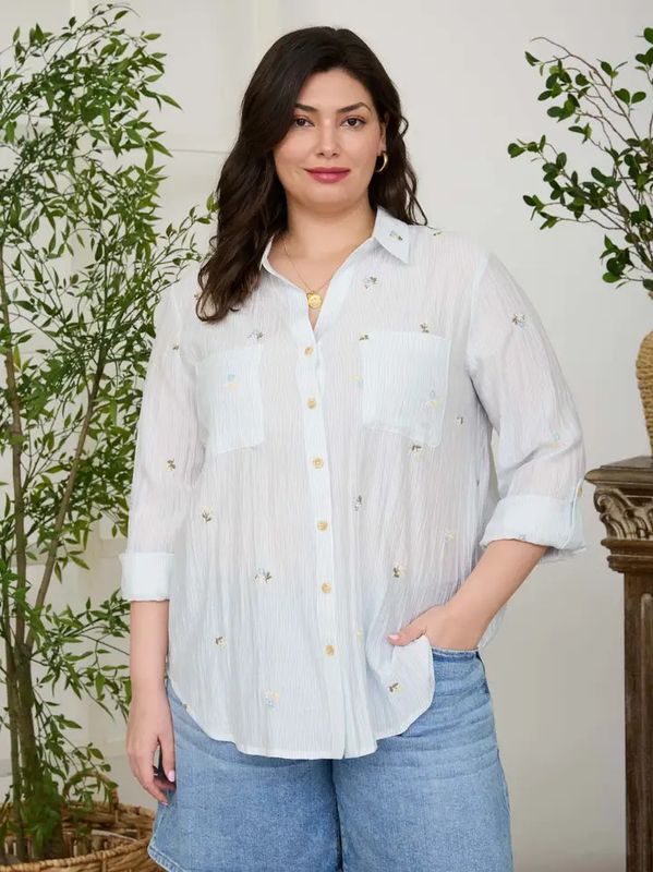 Stripe Floral Embroidery Long Sleeve Top