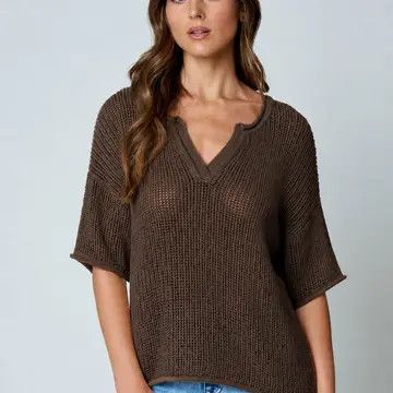 Chocolate Split Neck Short Sleeve Sheer Crochet Knit Top
