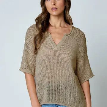Khaki Split Neck Short Sleeve Sheer Crochet Knit Top