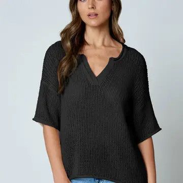 Black Split Neck Short Sleeve Sheer Crochet Knit Top