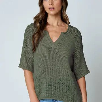 Olive Split Neck Short Sleeve Sheer Crochet Knit Top