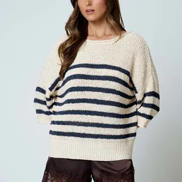 Navy Stripe Textured Knit Half Sleeve Knit Sweater