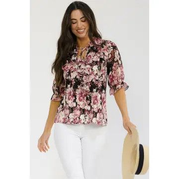 Black Floral Tie Neck Romantic Blouse