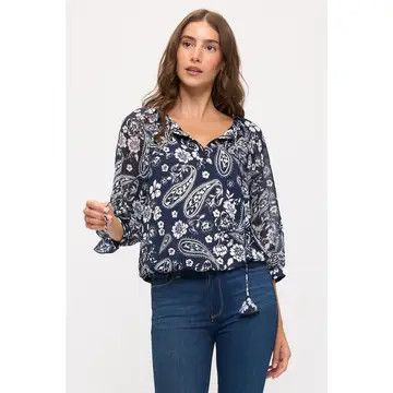 Navy Paisley Print Mix Media Bubble Hem Raglan Peasant