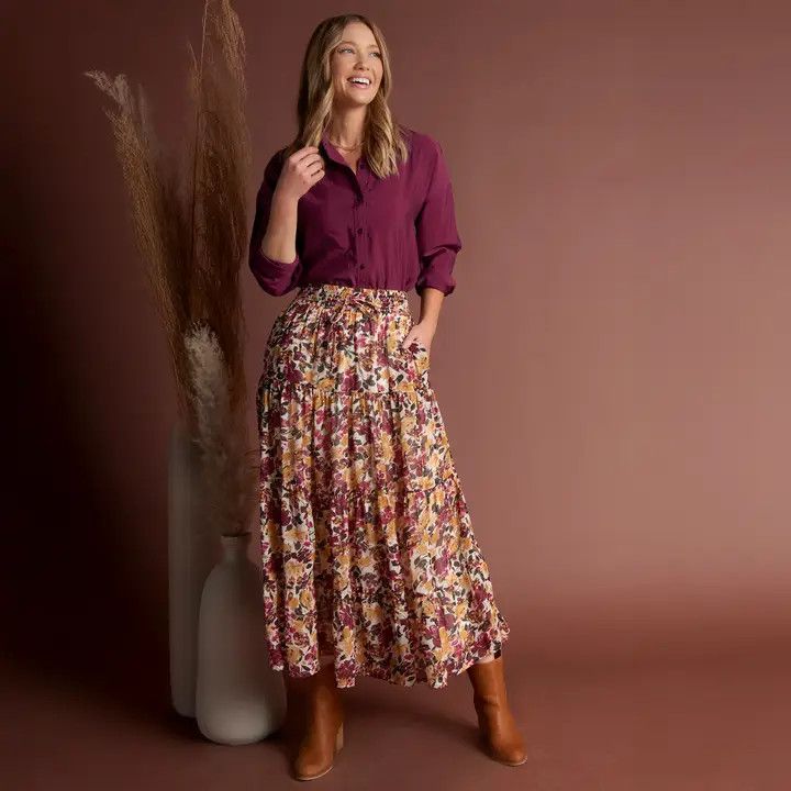 Plum Floral Hazel Tiered Maxi Skirt