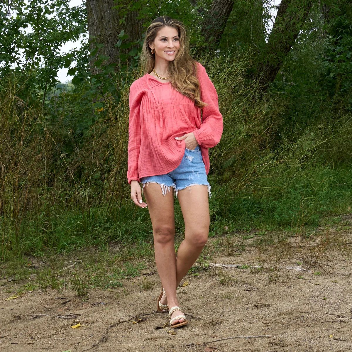 Coral Eisley Gauze Long Sleeve Tunic