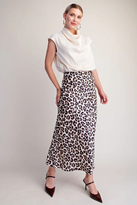 Cream Animal Print High Waist Midi Skirt