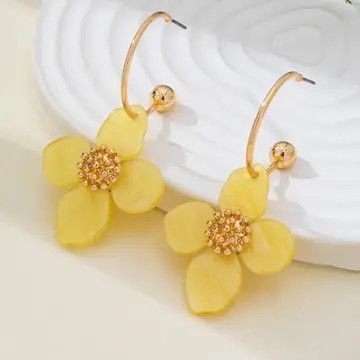 Acrylic Floral Dangle Hoop Earrings, Butter