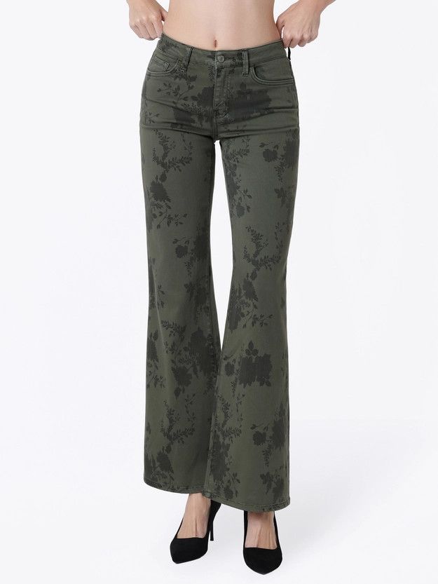 Mid Rise Green Floral Print Vintage Flare Jeans