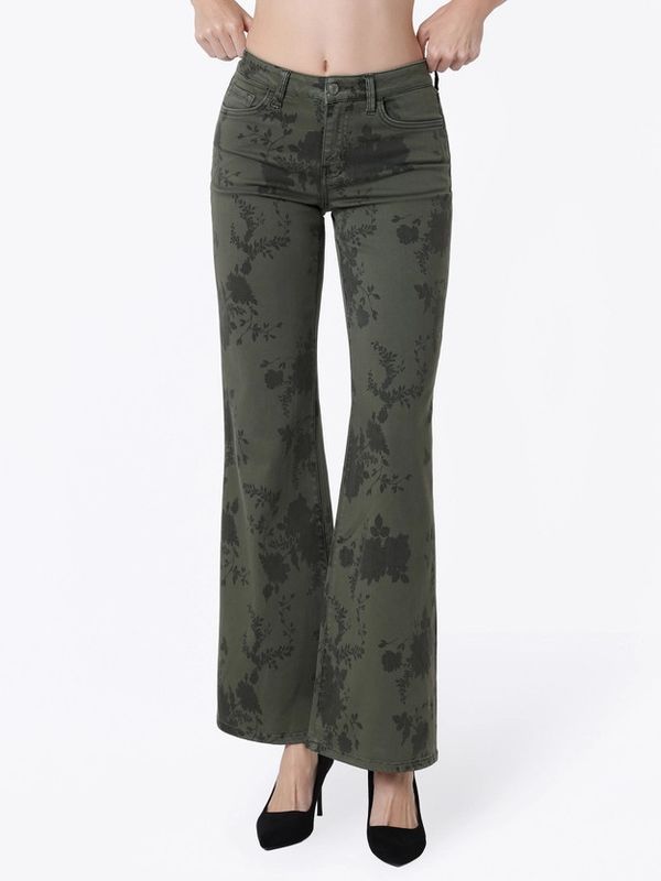 Mid Rise Green Floral Print Vintage Flare Jeans