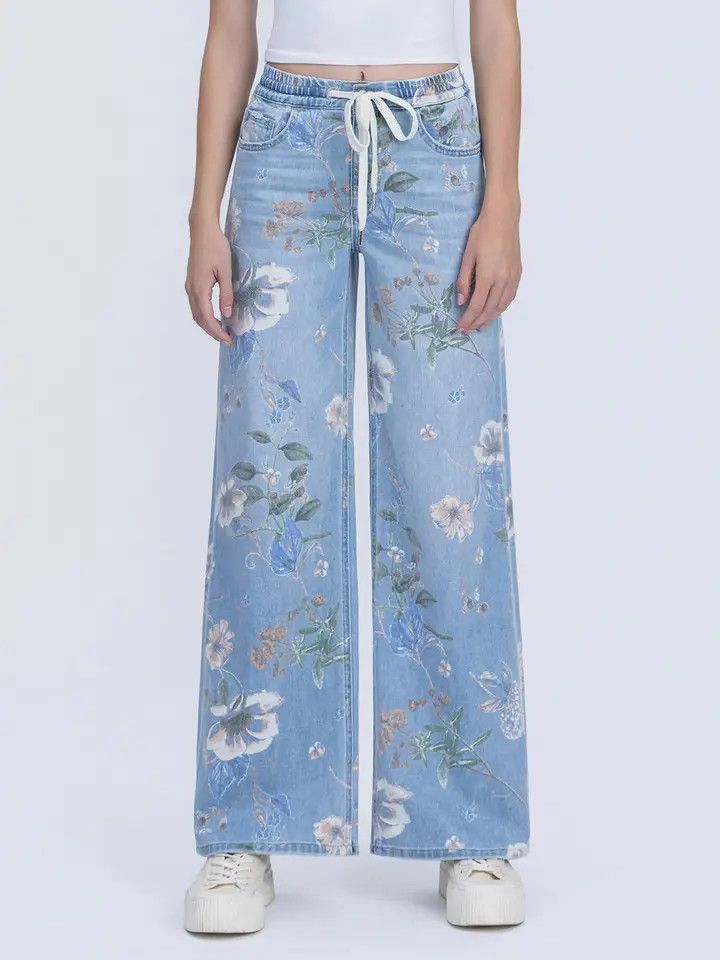 High Rise Drawstring Wb Floral Print Wide Jeans