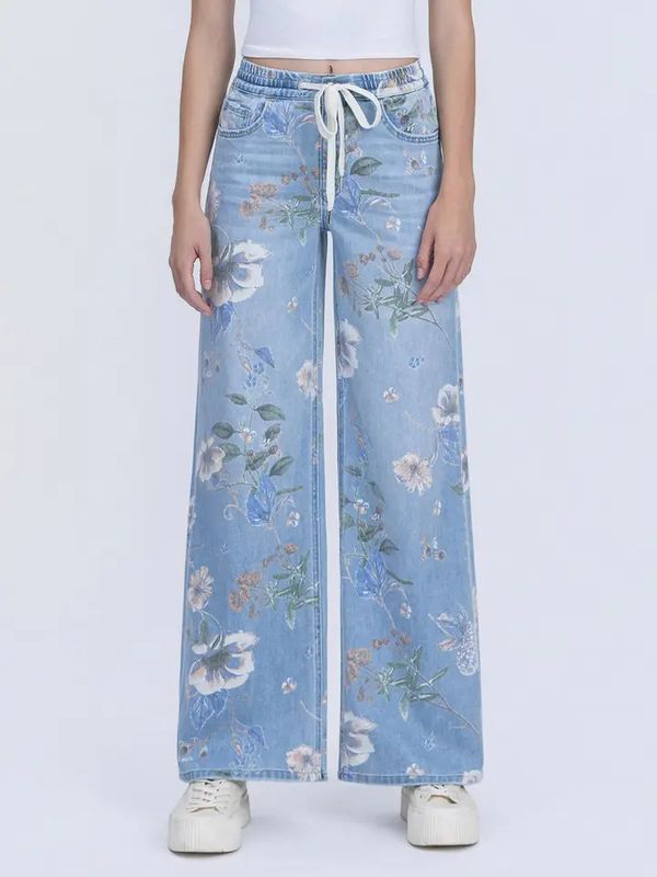 High Rise Drawstring Wb Floral Print Wide Jeans
