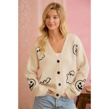Ivory Halloween Ghost Pumpkin Button Cardigan