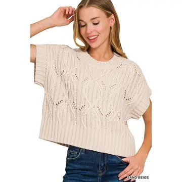 Sand Beige Cable Knit Short Sleeve Sweater