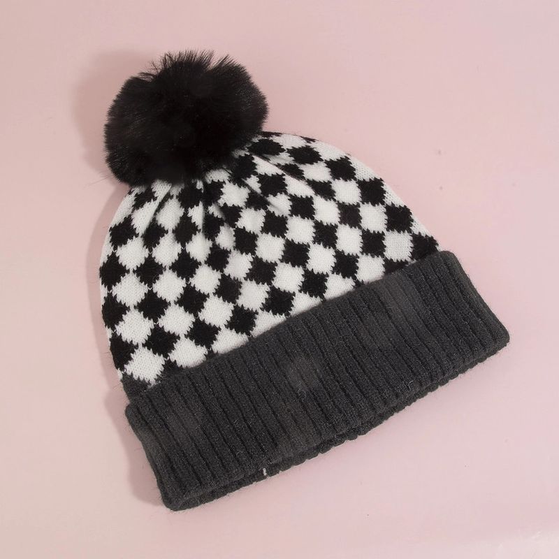 Black Checkerboard Print Pom Pom Knit Beanie