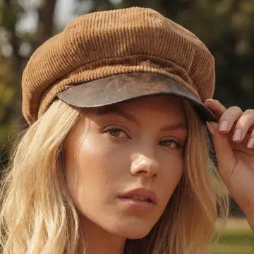 Khaki Corduroy Newsboy Hat w/ Vegan Leather Brim
