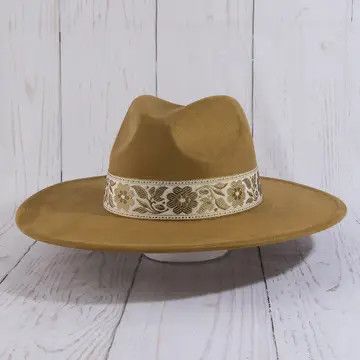 Wide Brim Felt Hat w/ Floral Ribbon Band