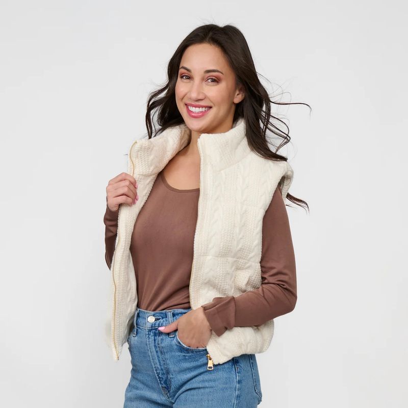 Claire Cable Knit Puffer Vest, Ivory