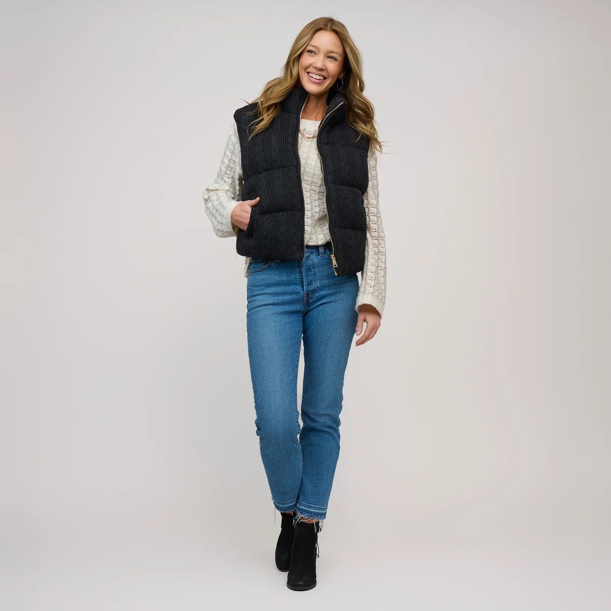 Claire Cable Knit Puffer Vest, Black