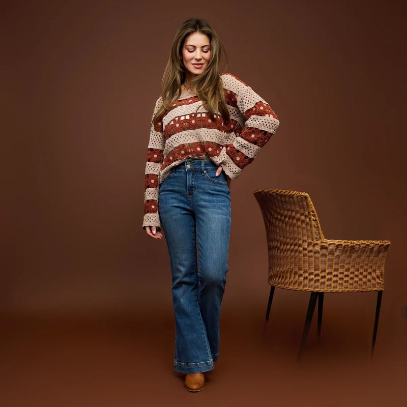 Rust Vera Chenille Crochet Floral Open Knit Sweater