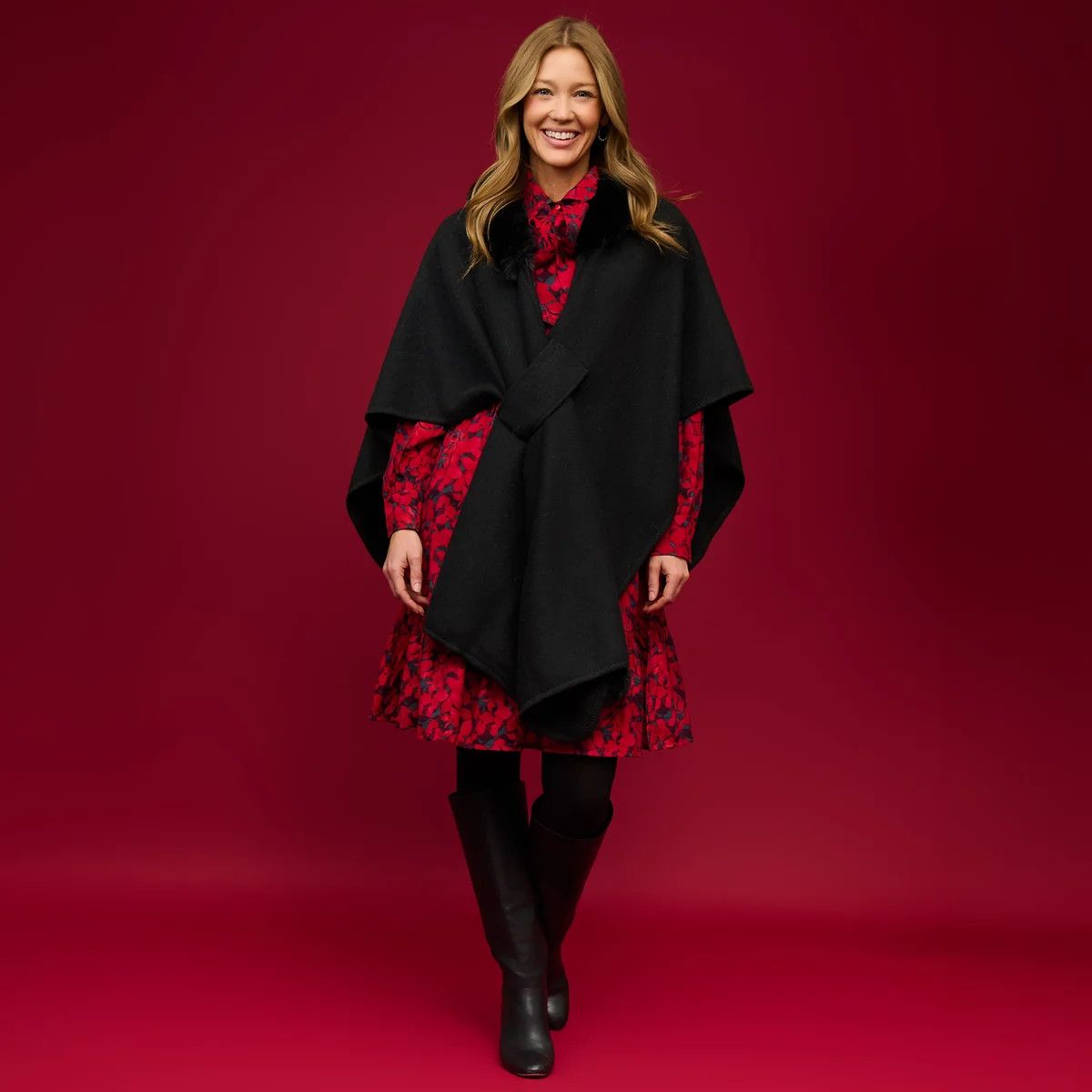 Kelsie Faux Fur Collar Open Front Wrap, Color: Black