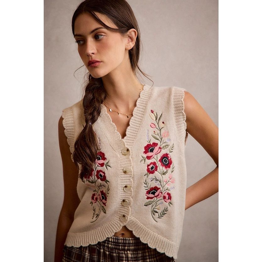 Embroidered V-Neck Sweater Vest, Ivory