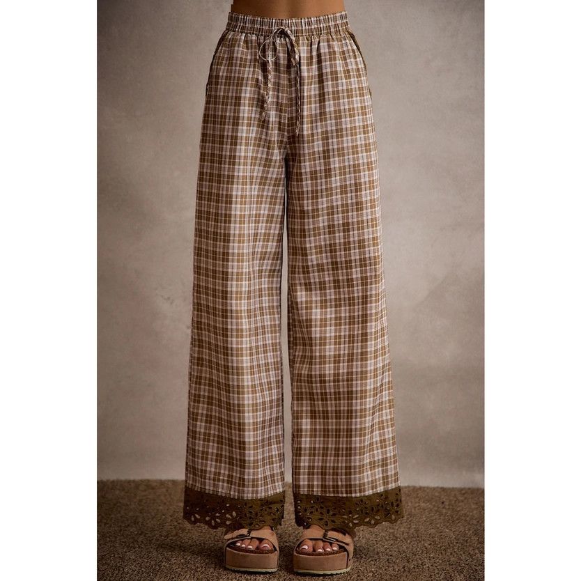Plaid Check Wide Leg Pull On Pants, Taupe