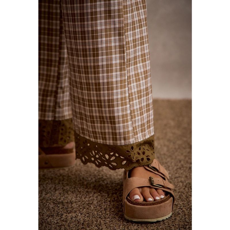 Plaid Check Wide Leg Pull On Pants, Taupe