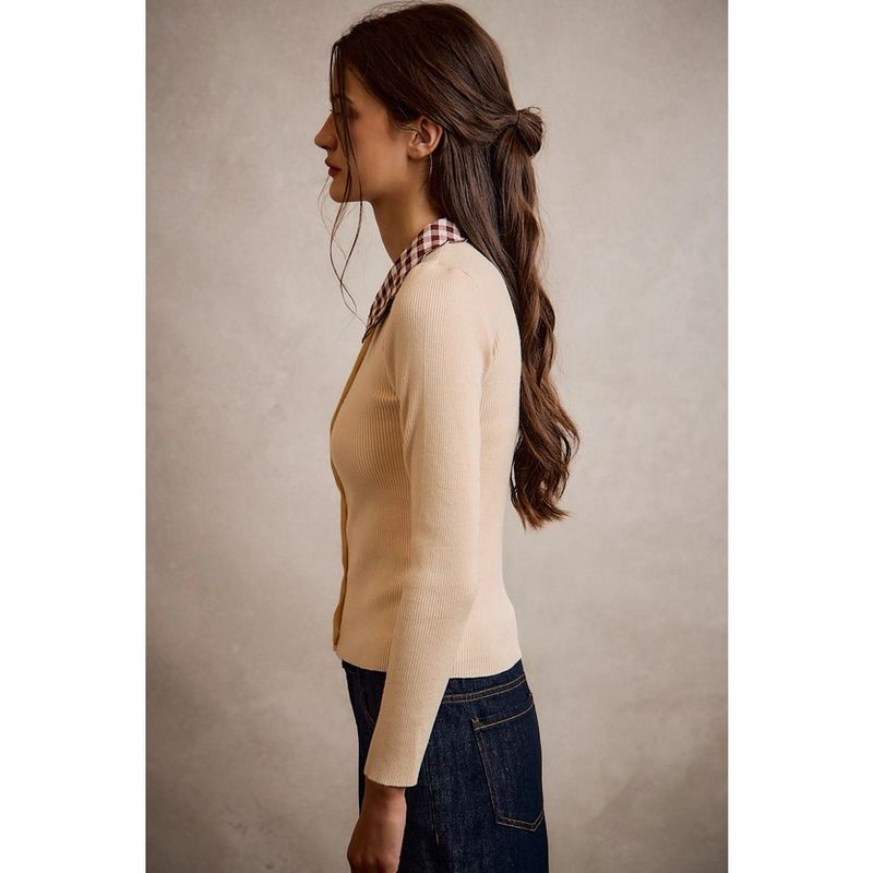 Scallop Edge Collared Button Down Knit Top, Cream