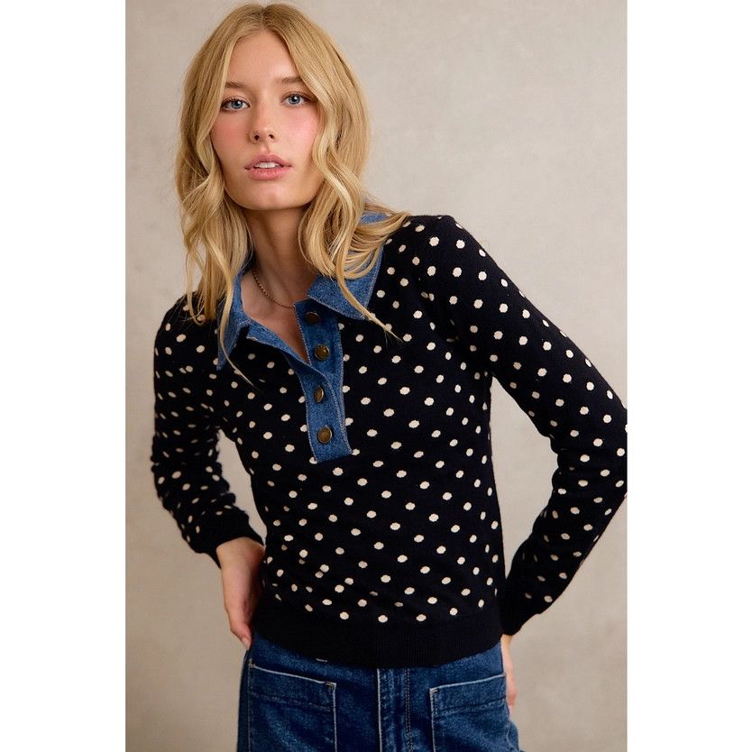 Denim Contrast Polka Dot Knit Sweater, Black