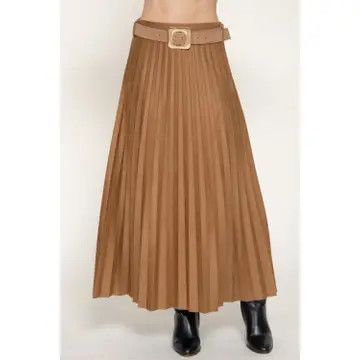  Belted Faux Suede Pleated Long Skirt, Caramel