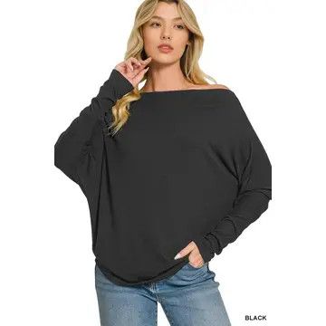  Hacci Dolman Sleeve Boat Neck Top, Black