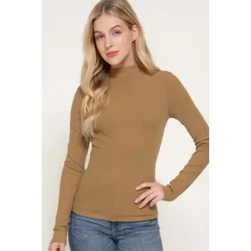 Long Sleeve High Neck Rib Knit Top, Camel