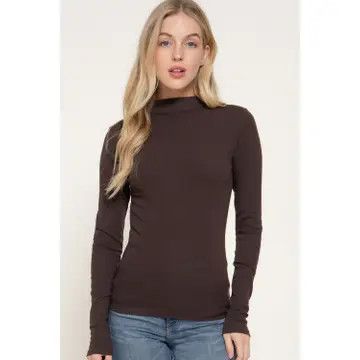 Long Sleeve High Neck Rib Knit Top, Chocolate