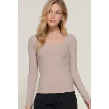 LS Square Neck Double Layer Rib Knit Top, Taupe
