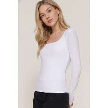 LS Square Neck Double Layer Rib Knit Top, White