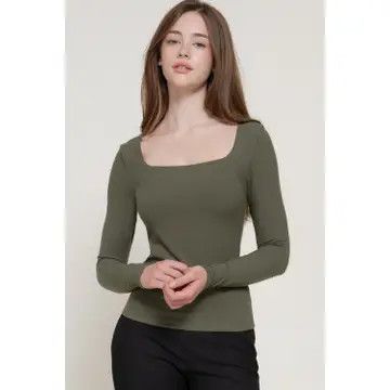 LS Square Neck Double Layer Rib Knit Top, Olive