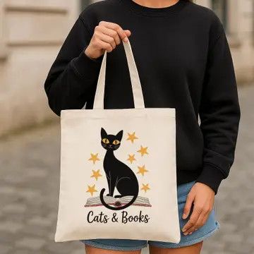 Cats and Books Book Lover Canvas Tote Bag