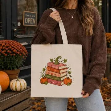 Pumpkin Book Stack Canvas Tote Bag