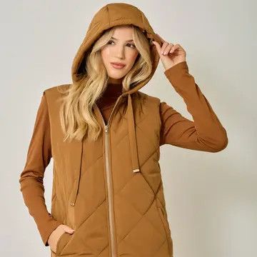 Quilted Puffer Long Hoodie Vest, Latte