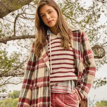Brushed Plaid Long Coat, Ivory