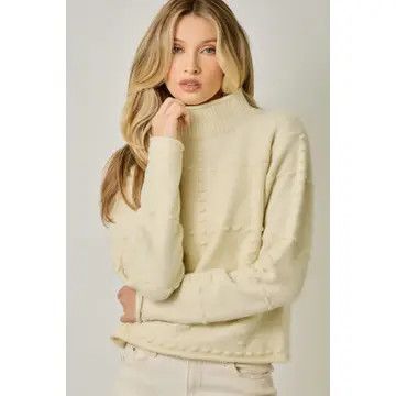 High Neck Pompom Mohair Sweater, Ivory