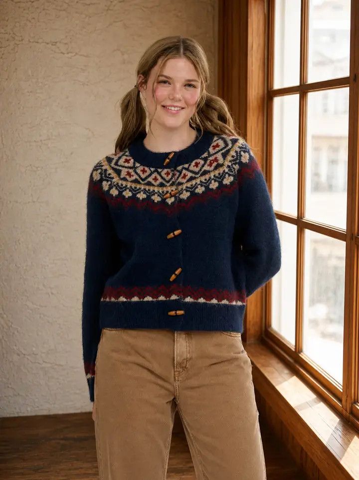 Faire Isle Toggle Button Knit Cardigan, Navy