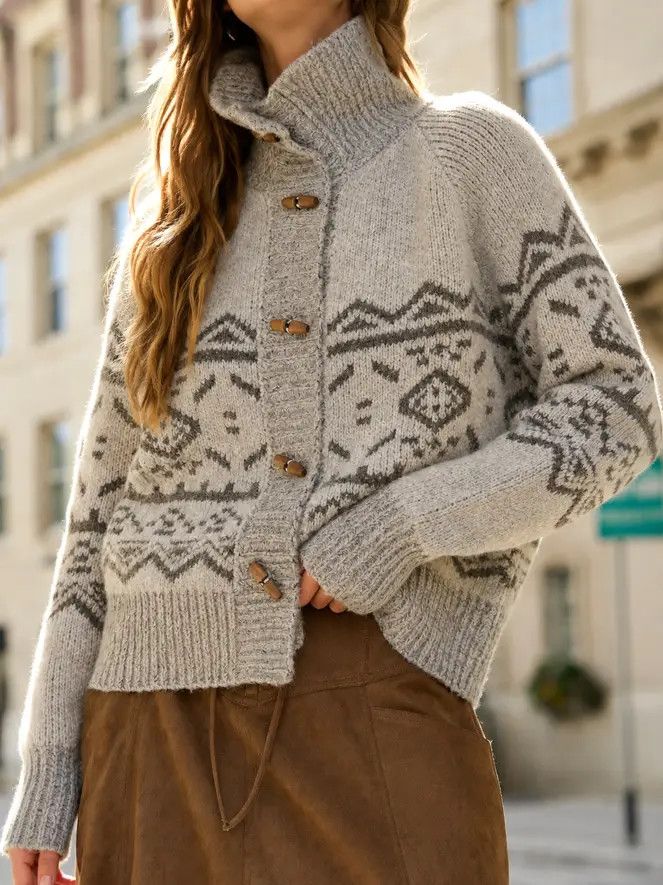 Mock Neck Fair Isle Knit Cardigan, Taupe